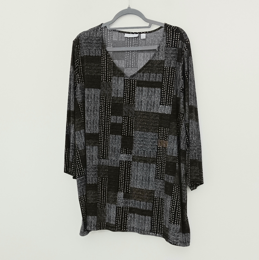 Susan Graver Blouse Women's Size 3X Black Tan White Tunic 3/4 Sleeves Polka‎ Dot